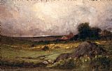 Foreground Canvas Paintings - landscape with rock in foreground and roof with steeple, lake in background
